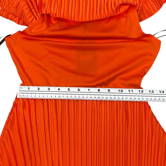 DKNY $129 NWT Orange Pleated Side Tie Overlay Flared Mini Dress SZ 2 - Picture 8 of 10